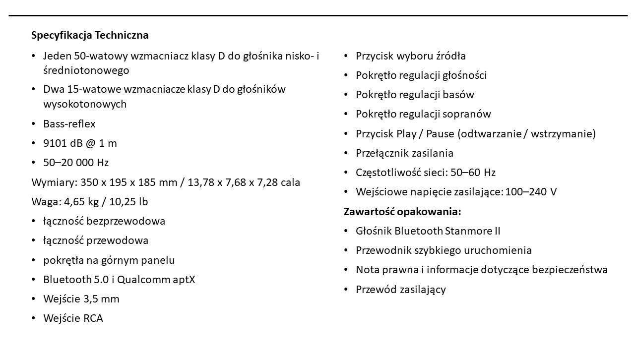 Specyfikacja techniczna Stanmore II