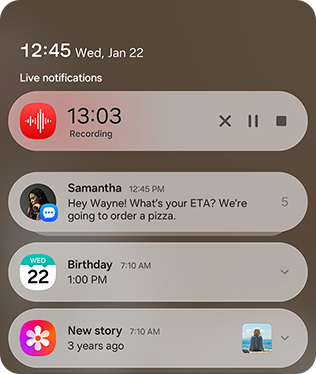 Powiadomienia są przesuwane w dół na głównym ekranie urządzenia Galaxy, aby pokazać powiadomienia na żywo z aktywnych aplikacji na górze.