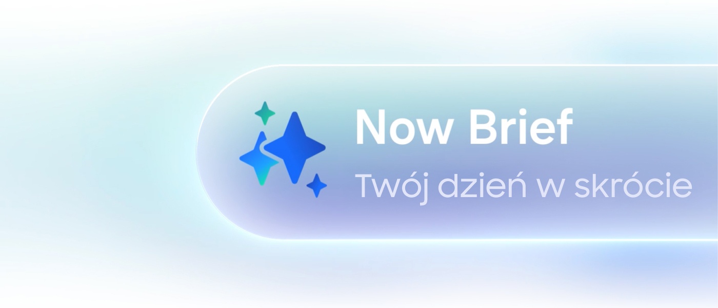 Now Bar przechodzi od lewej do prawej z powiadomieniem z Now Brief. Następnie Now Bar przemieszcza się na dół głównego ekranu Galaxy S25 Plus, który staje się wyraźniejszy. Trzy kolejne powiadomienia z Now Bar pojawiają się jedno nad drugim: timer, muzyka i ćwiczenia.