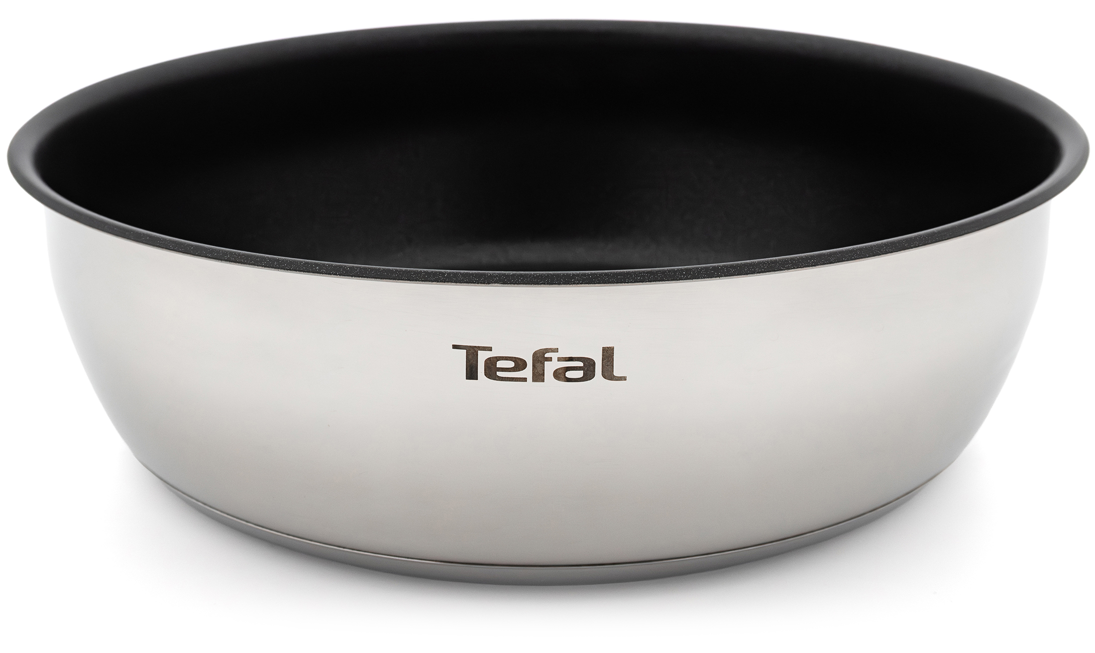 Szeroka patelnia Tefal Ingenio Emotion z czarną powłoką nieprzywierającą, z widocznym logo Tefal.