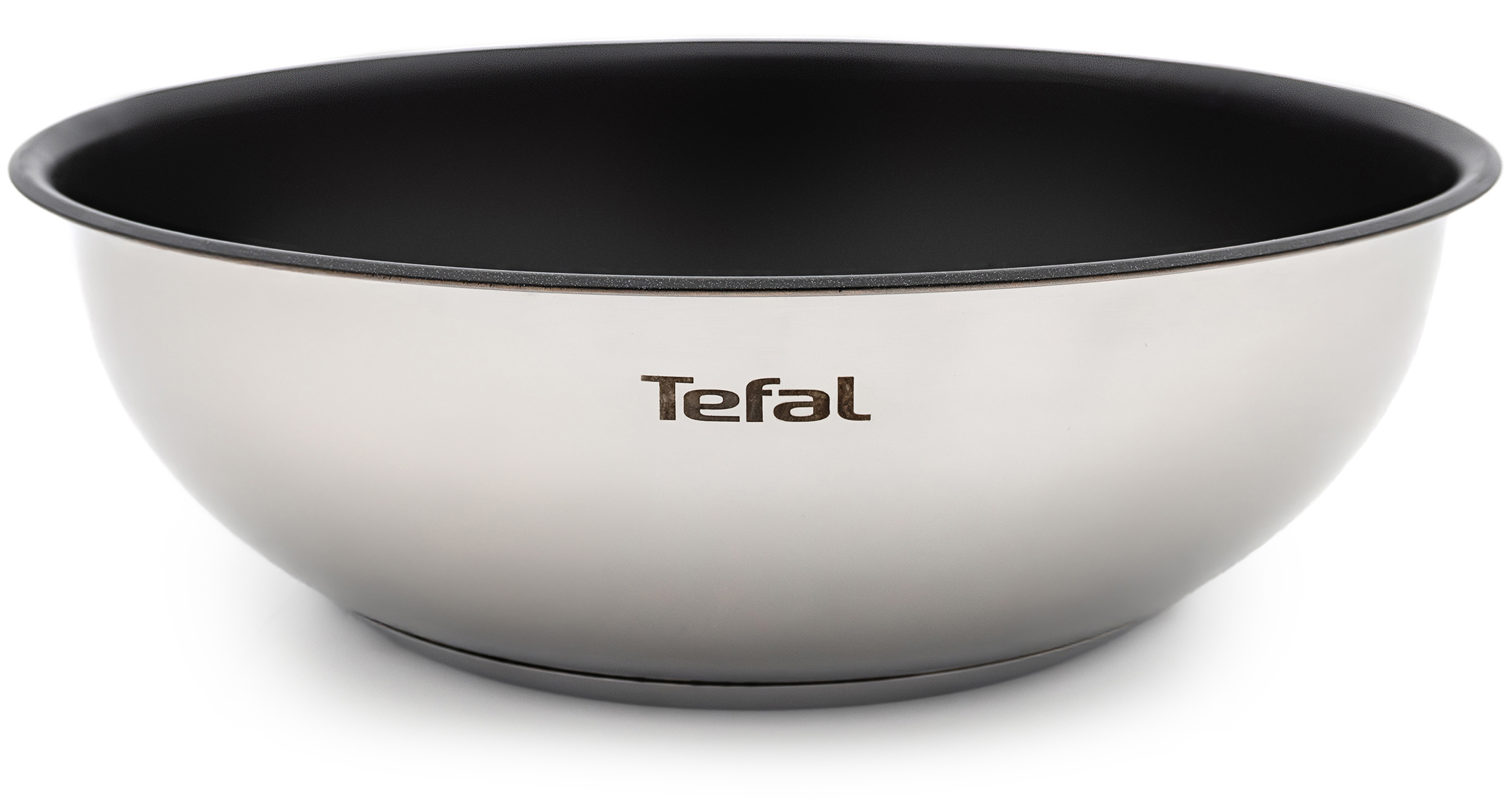 Srebrny wok Tefal Ingenio Emotion z czarną powłoką nieprzywierającą i logo Tefal, na białym tle.