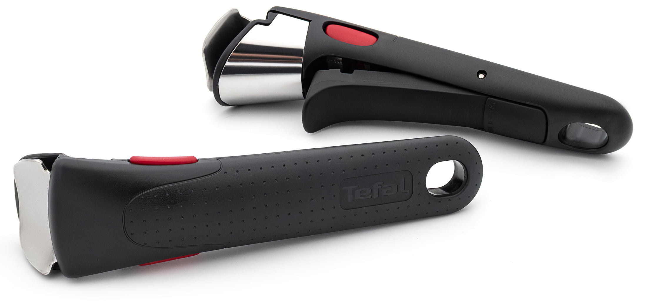 Dwa czarne odpinane uchwyty Tefal Ingenio Emotion z czerwonymi przyciskami i srebrnymi detalami, leżące na białym tle.