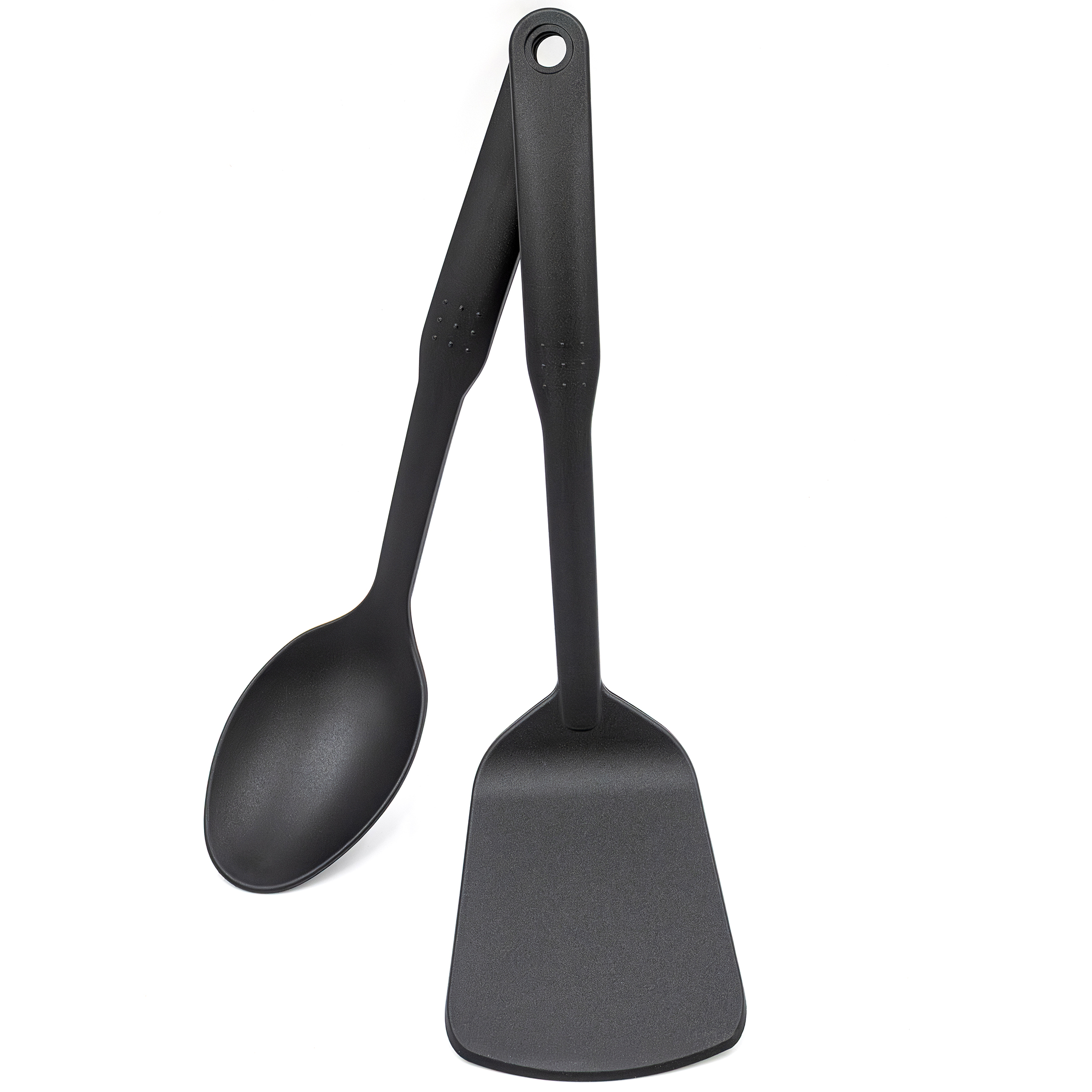 Dwa czarne, plastikowe akcesoria kuchenne z zestawu Tefal Ingenio Emotion: łyżka i szpatułka.